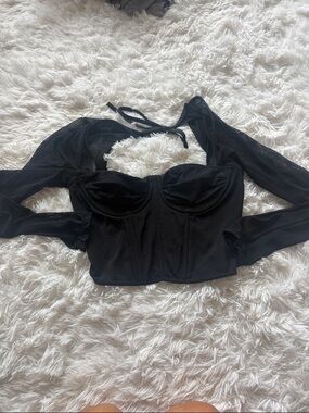 SHEIN Black Mesh Bustier Crop Top with Long Sleeves